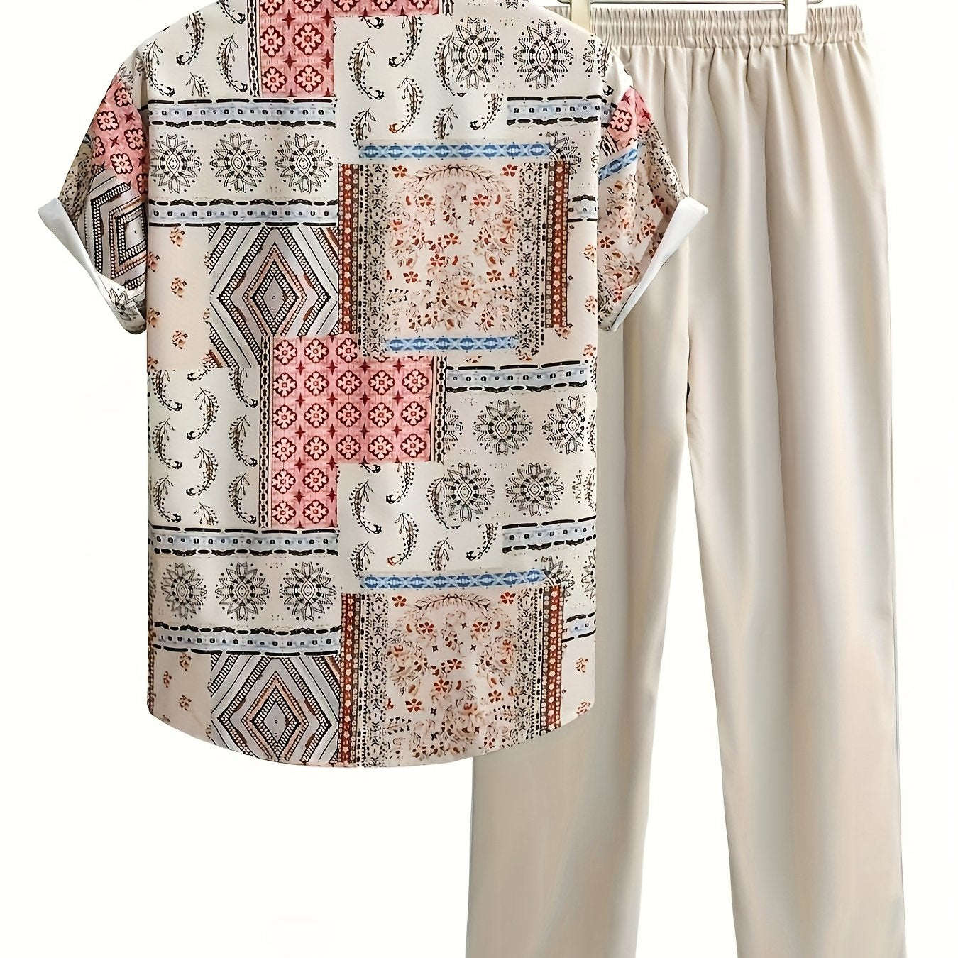 2pcs Summer Men'S Print Shirt and Pants Set Vacation 2pcs Suit, Perfect for Outdoor