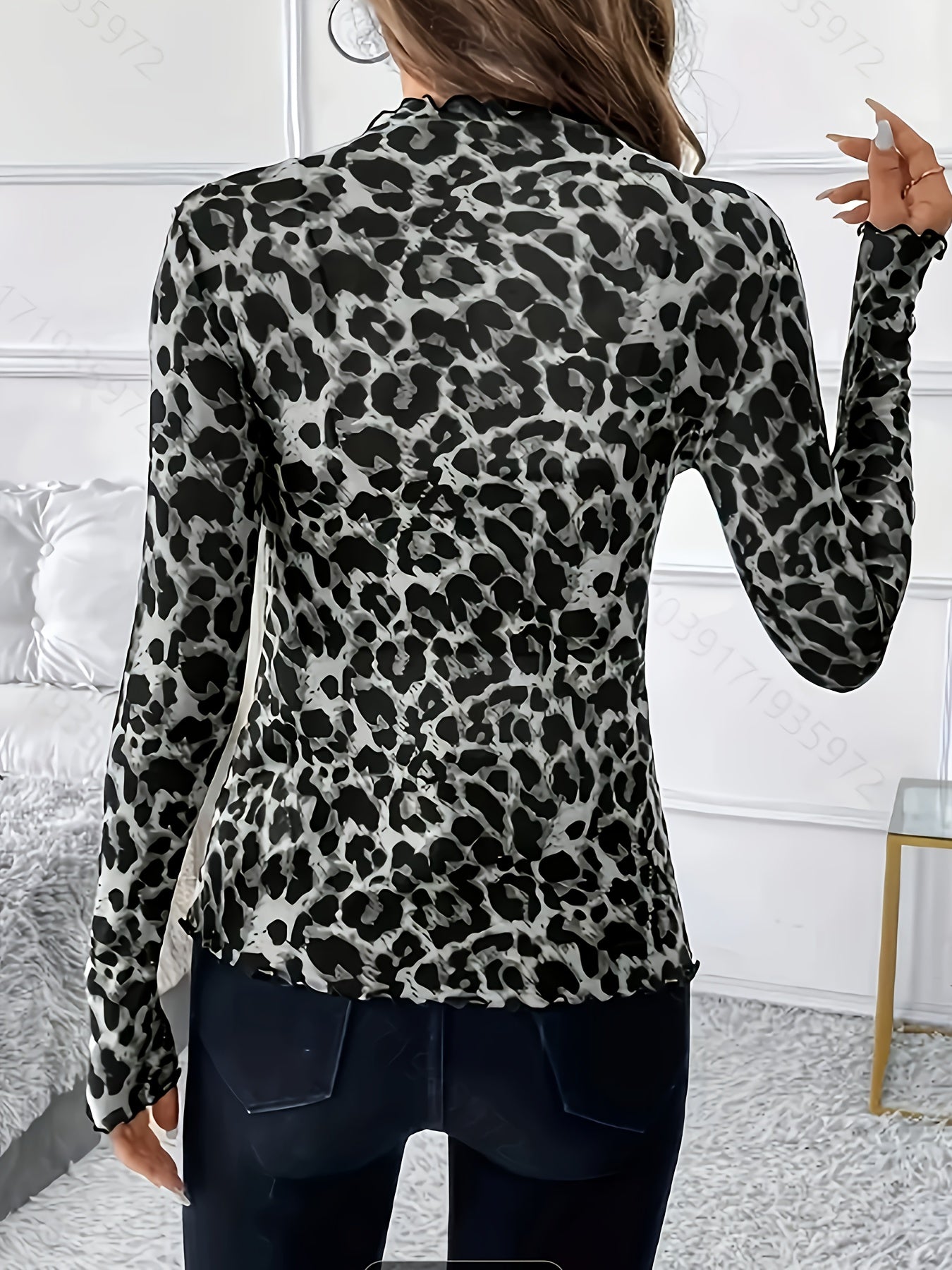 Women's Sexy Semi-Sheer Leopard Print Stretch T-Shirt - Slim Fit High Elasticity Polyester-Spandex Blend, Machine Washable All-Season Top for Casual & Formal Wear