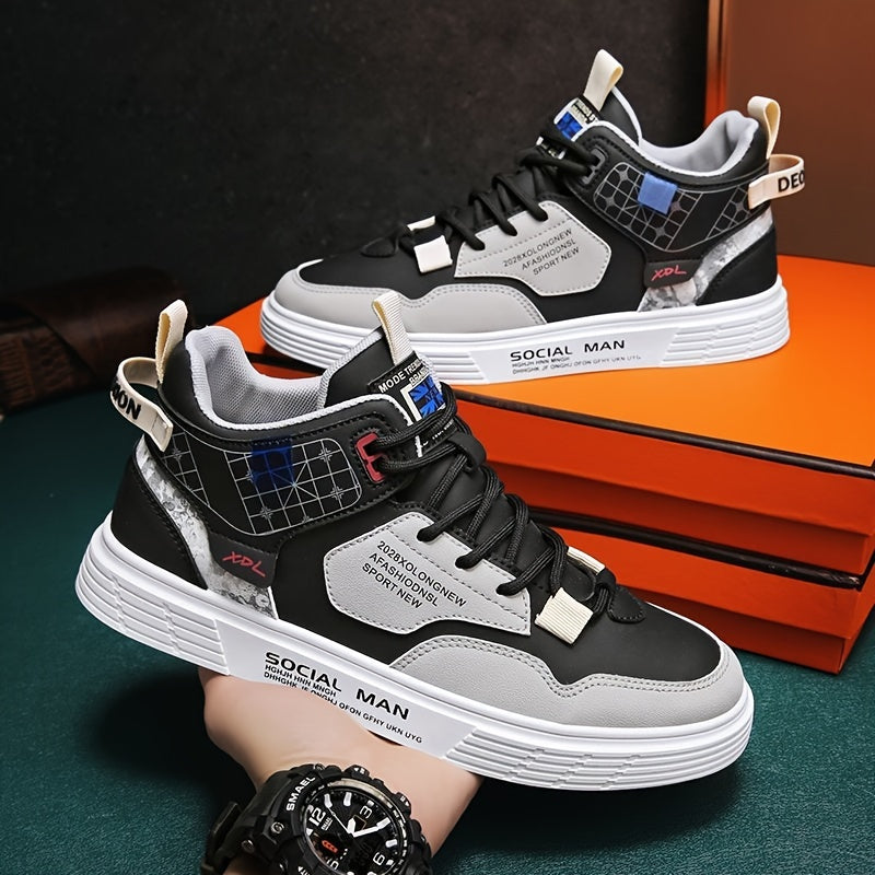Men's High Top Lace Up Skateboard Shoes, Trendy Non Slip Casual Shoes For All Seasons Outdoor Walking Traveling Party