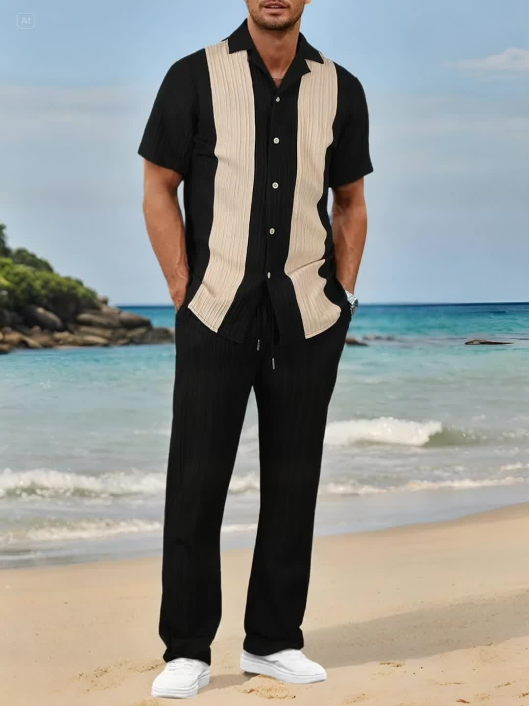 New Men's Colorful French Stripe Short Sleeve Shirt and Trousers Set