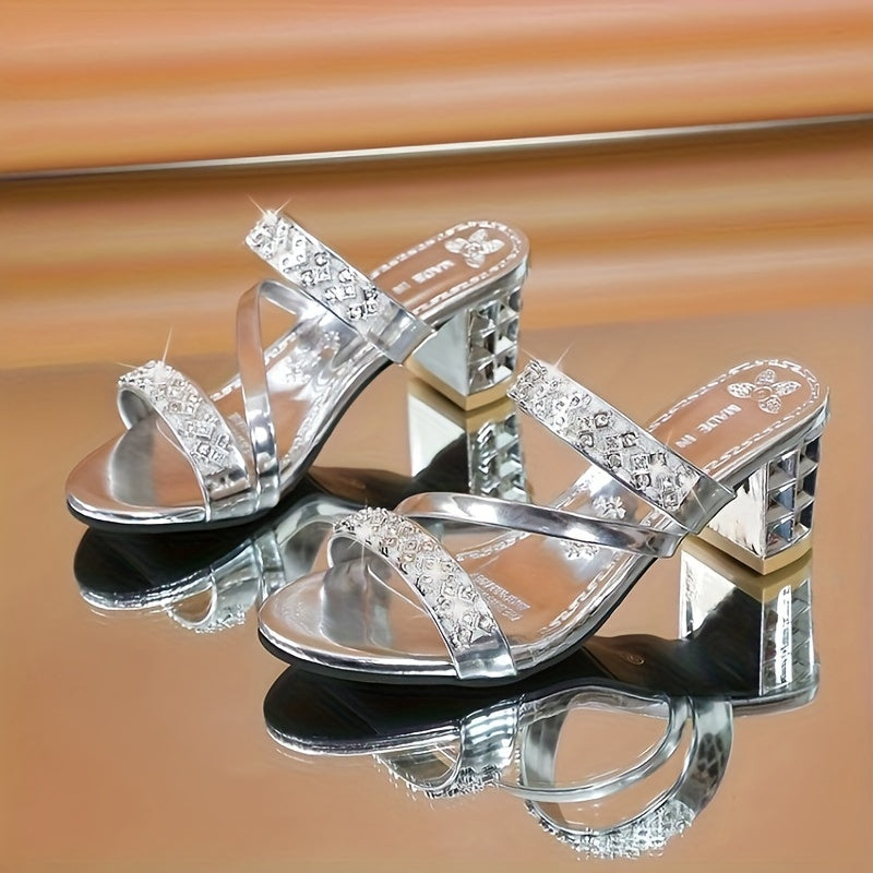 Shiny Golden Silvery Women's Sandals Summer 2024 Crystal High Heels Party Shoes Woman Comfortable Thick Heel Slides Sandalias Mujer