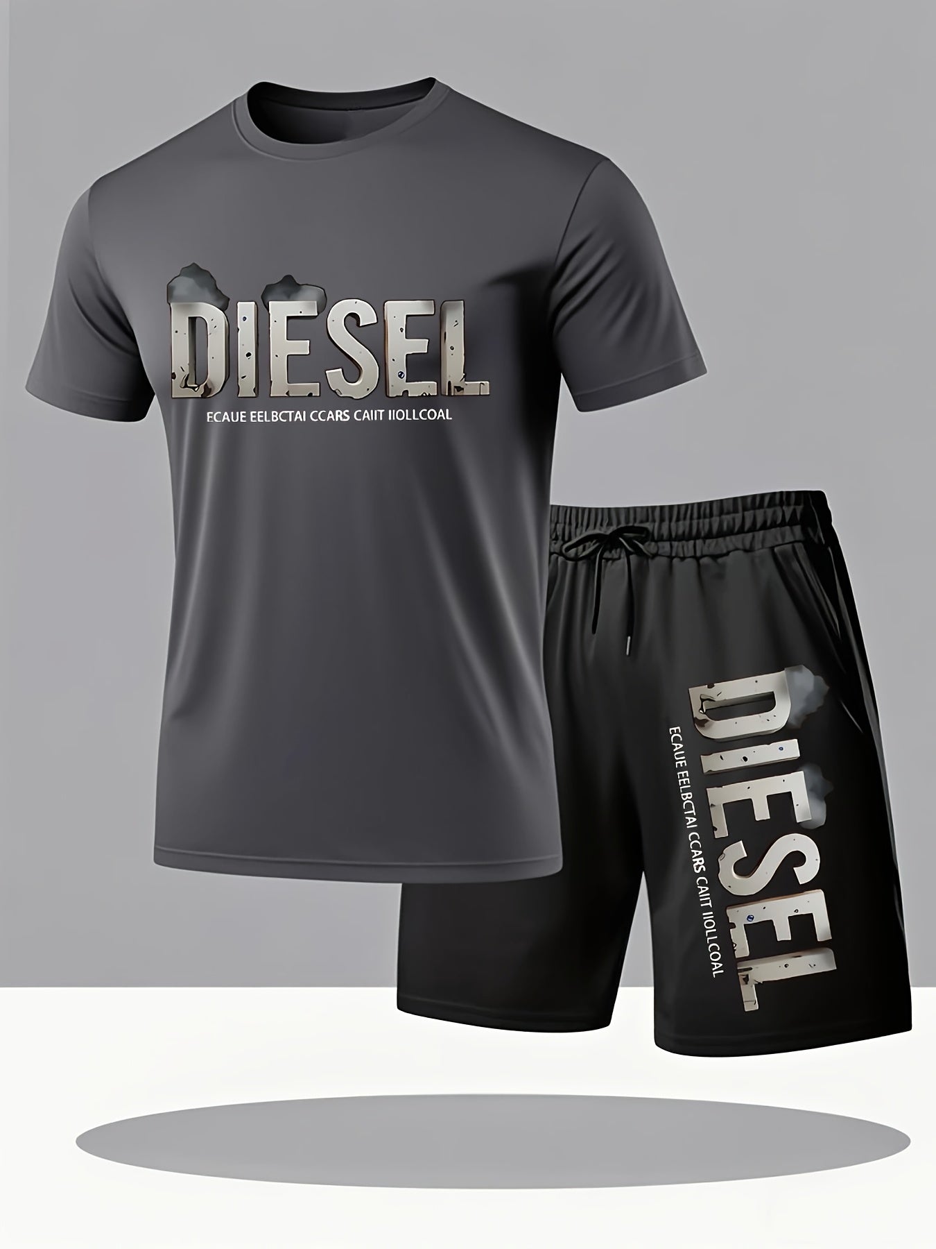 Summer Men'S Casual Sports Short Sleeve T-Shirt and Shorts Set, Comfortable Breathable, Suitable for Outdoor Jogging Running Fitness, Diesel Letter Print Design - 2pcs Set