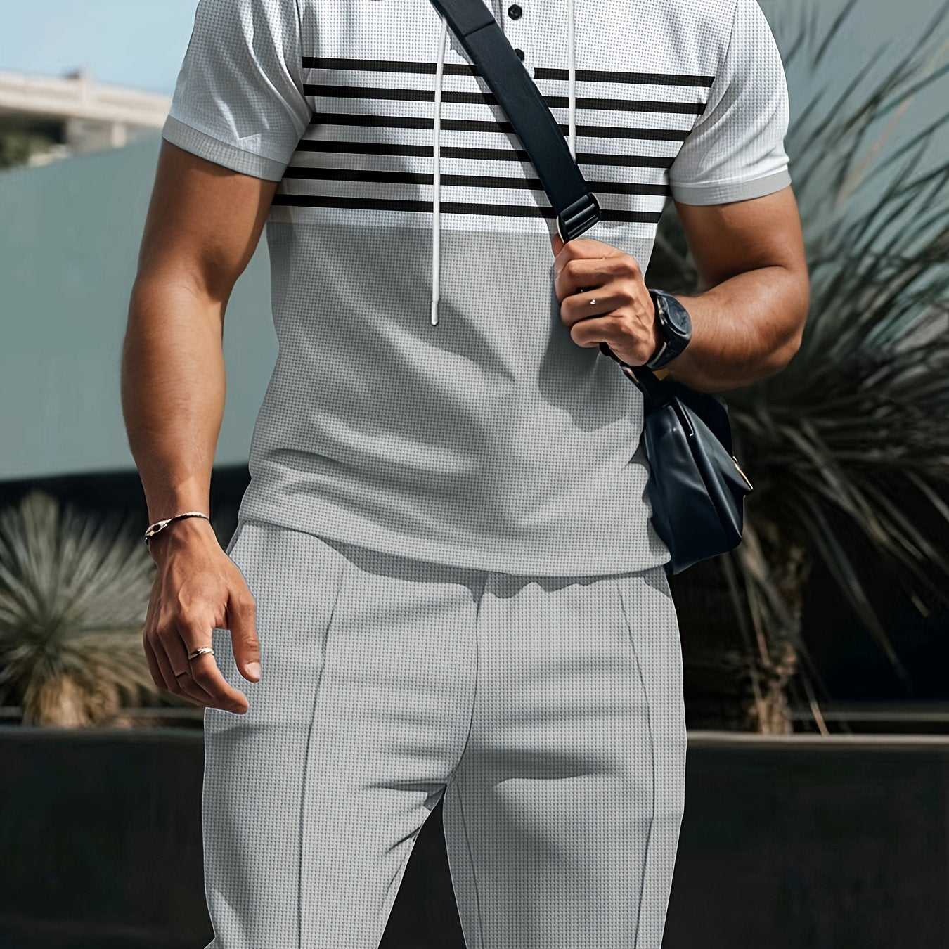 Men'S Summer Casual Sportswear Set, Striped Patchwork Short Sleeve, Polyester Material, Suitable for Leisure and Sports Outings, Fashionable and Trendy, with Drawstring Belt and Pockets, Ideal for Summer Activities, Hooded Sh