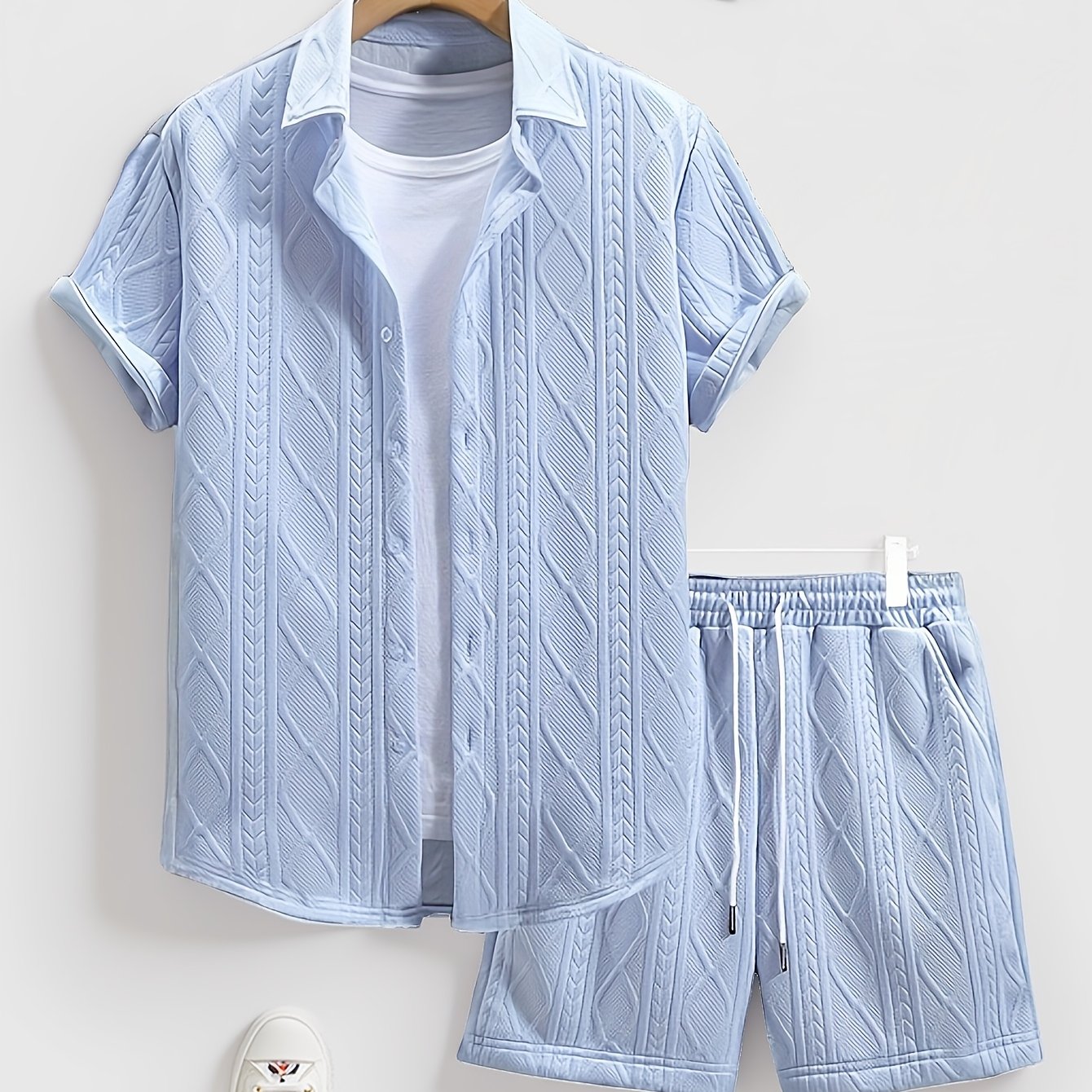 Men's Set Shirt Short Sleeve Shorts Thick Solid Color Knit Jacquard Casual Comfort High-Quality Two-Piece Set