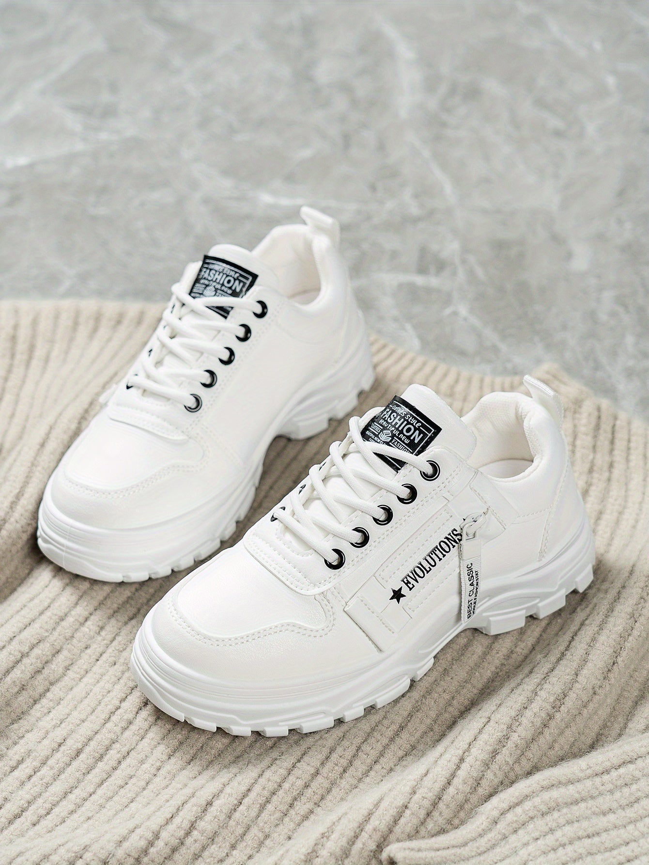 Women'S Breathable Knit Sneakers - Lightweight Thick Sole Casual Walking Shoes in White Black, Synthetic Cover Upper with Rubber Outsole, Lace-Up Low-Top Design for Indoor/Outdoor, Travel, Beach Shopping - Cute Gift for M