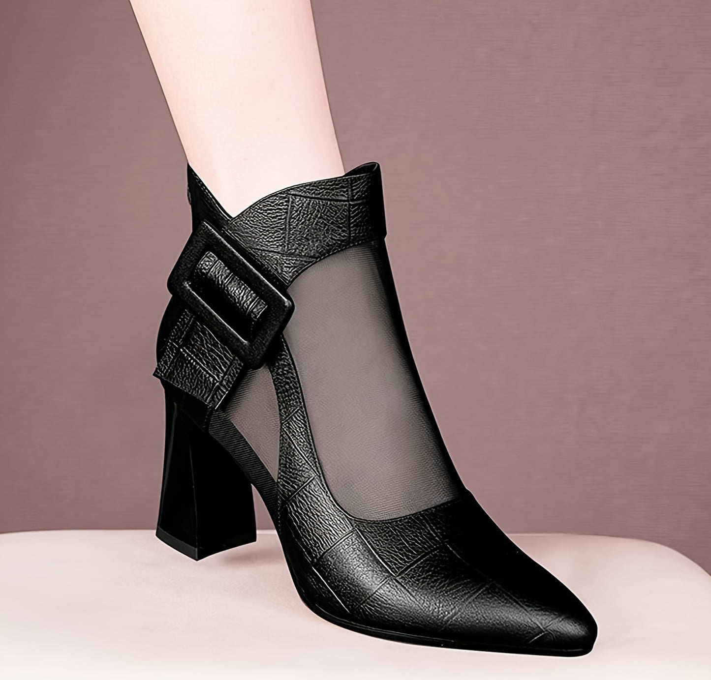 Women'S Pointed Toe Chunky Heel Pumps - Breathable Mesh Back Zipper Closure, Synthetic Cover Upper Rubber Sole, Black Summer Casual Formal Dress Shoes for Office, Weddings, Parties, High Heel Boots, Wedding Guest Shoes, Cri
