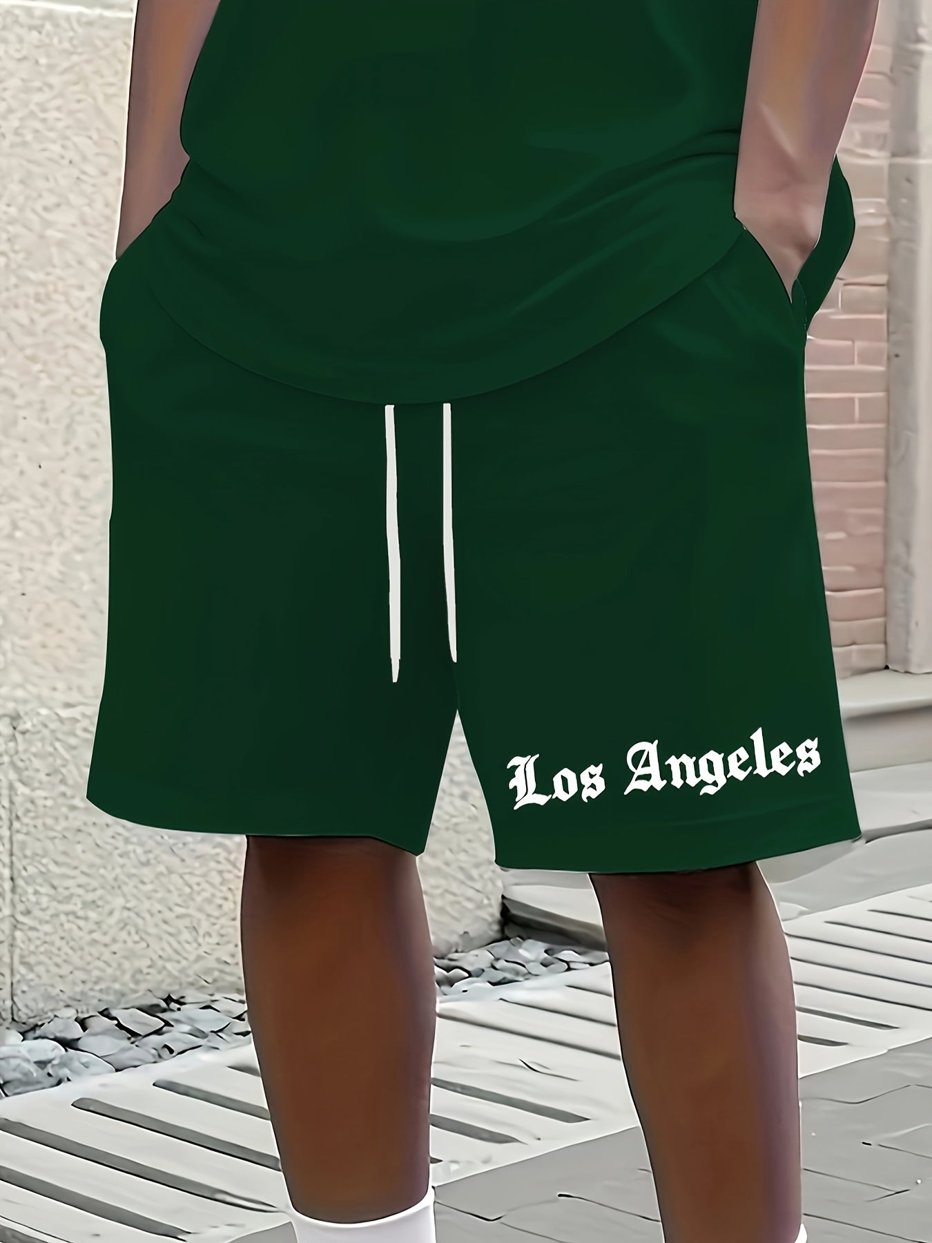 Men'S Los Angeles Graphic Print Casual Sportswear Set - Breathable Summer Short Sleeve T-Shirt & Drawstring Shorts with Pockets, Regular Fit, Crew Neck, Comfortable & Stylish for Casual Attire, Leisure Clothing | Trendy Sport