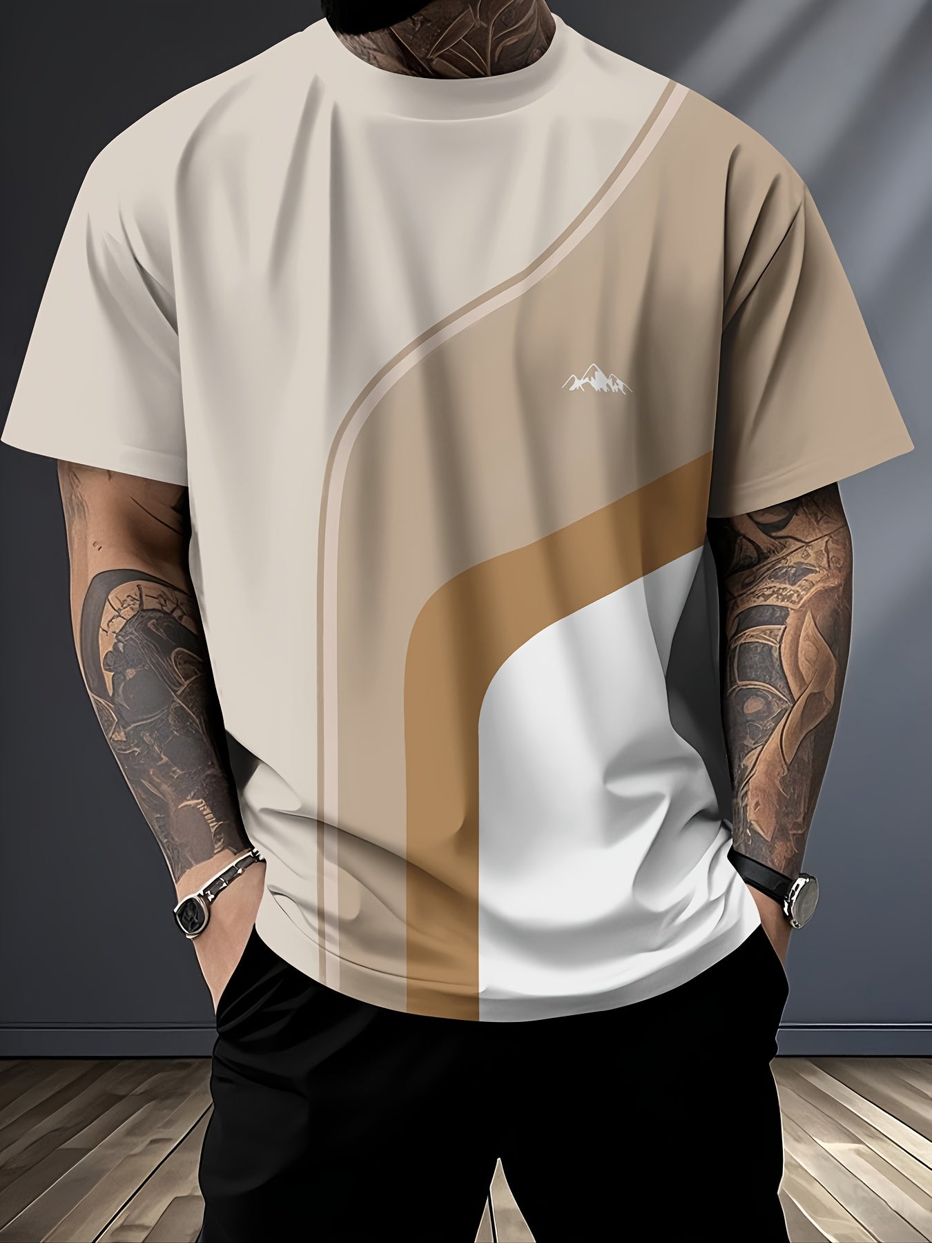 Men'S Beige Geometric Print T-Shirt - Casual Crew Neck, Slight Stretch Fabric, Modern Design with Striking Patterns, Everyday Tshirt Modern Tshirt Comfortable Fit