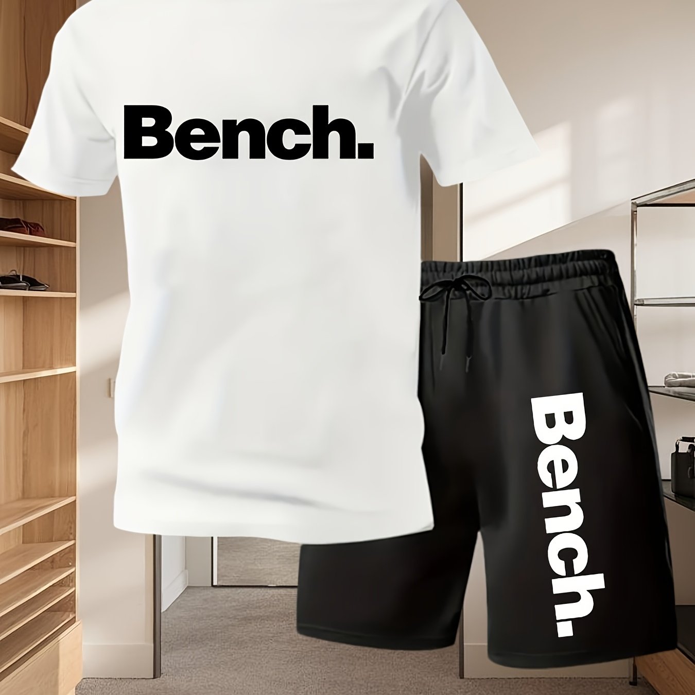 Summer Men'S Casual Sports Short Sleeve T-Shirt and Shorts Set, Comfortable Breathable, Suitable for Outdoor Jogging Running Fitness, Bench. Letter Print Design - 2pcs