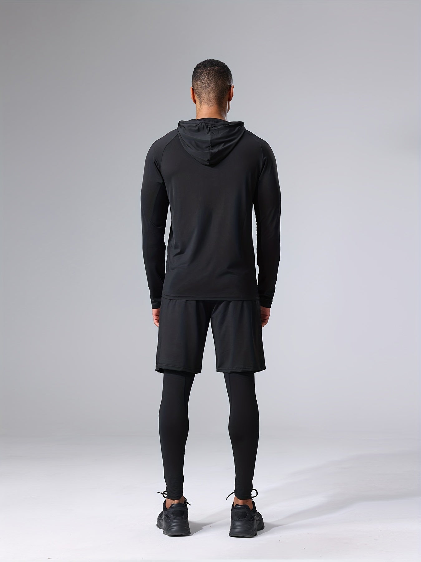 4pcs Athletic Sportswear Set, Polyester 95% Elastane 5% Knit Fabric, All-Season Crew Neck Hoodie, Skinny Fit Solid Color, Breathable Quick-Dry for Running, Fitness, Cycling & Outdoor Activities
