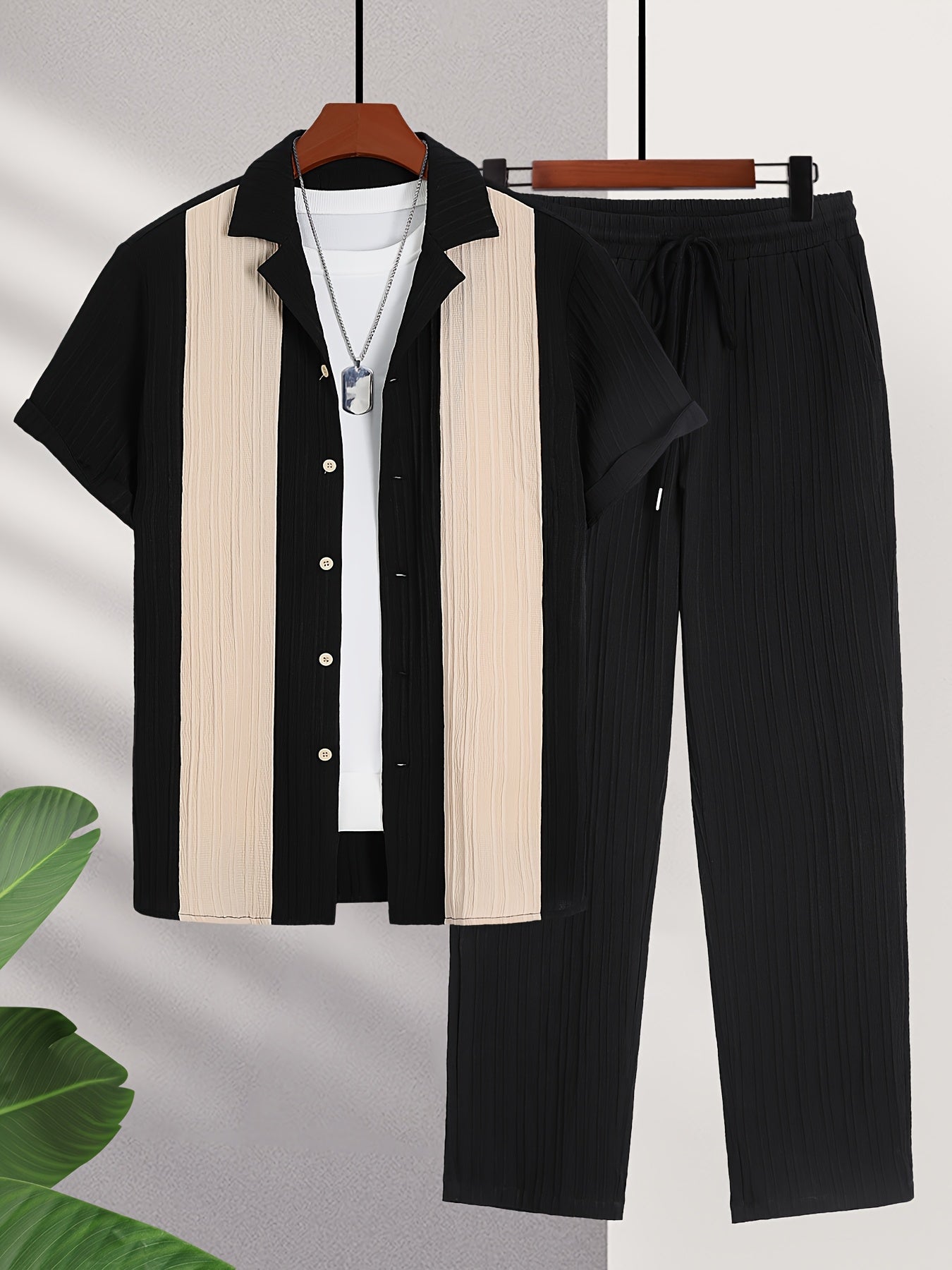 New Men's Colorful French Stripe Short Sleeve Shirt and Trousers Set