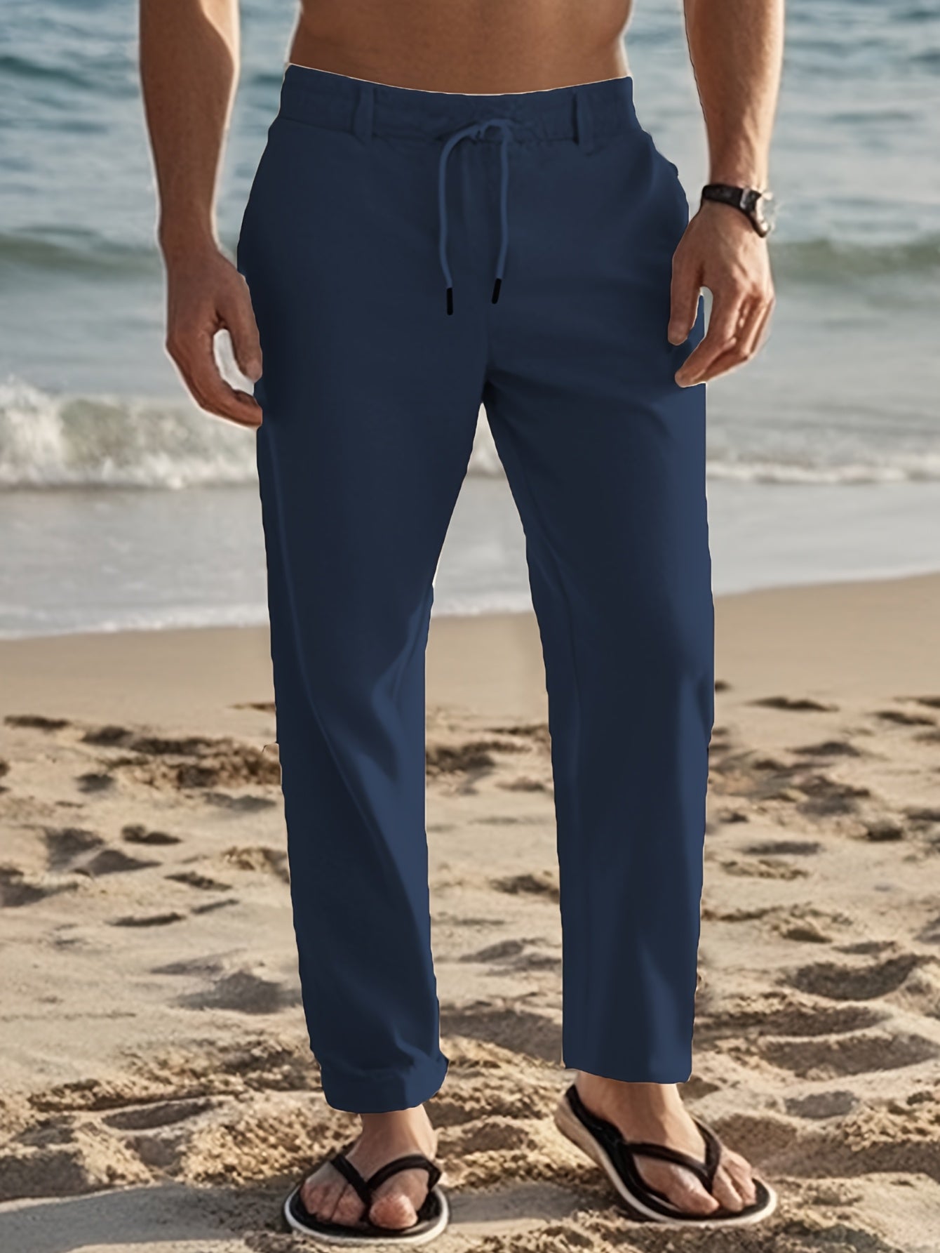 Men'S Casual Linen Drawstring Pants - Comfortable Straight Fit, Lightweight & Breathable for Beach & Outdoor Activities, Beach Casual Wear|Straight Fit Pants|Lightweight Fabric
