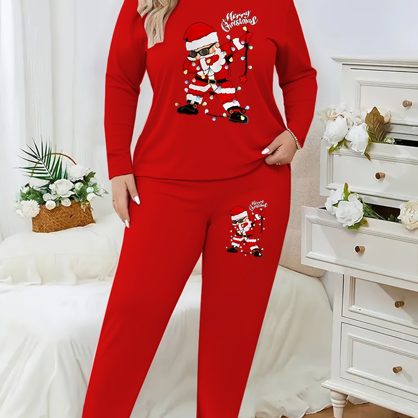 Plus Size - Plus Size - Plus Size - Women'S Plus Size Christmas & Halloween Two-Piece Set - Cozy Long Sleeve T-Shirt with Santa Claus & Snowflake Print, Pockets, and Matching Pants, Casual Holiday Outfit for Fall and Winter,