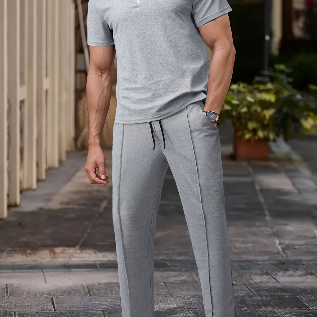 Men'S Summer Solid Color Trendy Casual Suit Collared Short Sleeve Long Pants Suit, Perfect for Outdoor