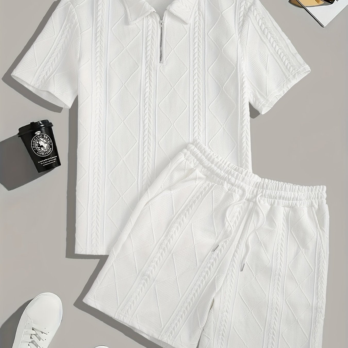 Men's Suit Short Sleeve Shorts Jacquard Casual Zipper Fashion Summer Outerwear Two Piece Set