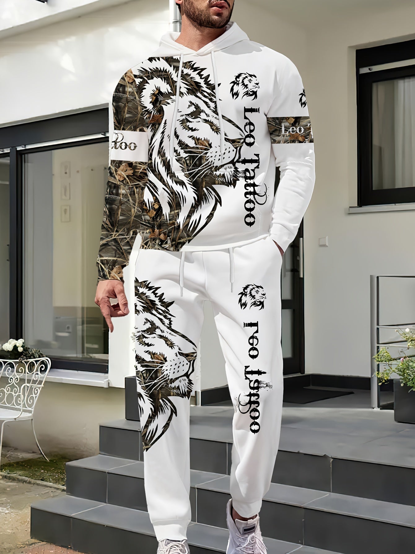 1set Fashion Street Style Men'S Lion Letter Print Hoodie and Sweatpants Set, Casual Weekend Wear, Polyester Knit Fabric with Slight Stretch, Animal Pattern, Regular Fit, for Spring/Fall