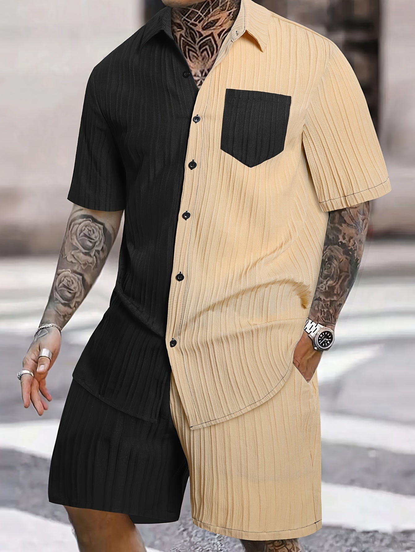 Men'S Casual Summer Polyester Shirt and Shorts Set, Regular Fit, Color Block, Lapel Collar, Slight Stretch Fabric, Lash Sets, Active Wear