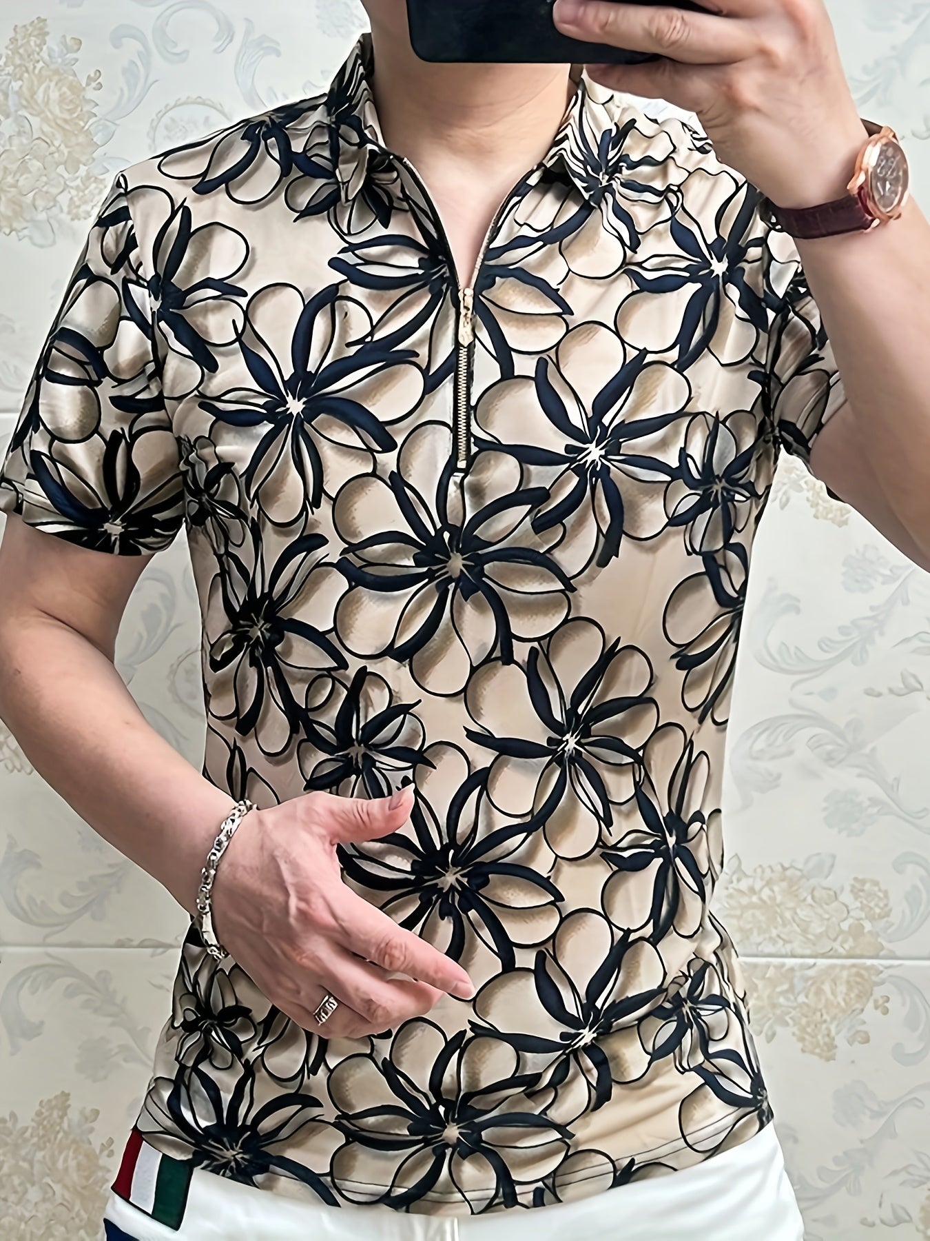 Men'S Lightweight Floral Print Short Sleeve T-Shirt - Stylish Black Beige Business Casual Top with Zipper Detail, Regular Fit for Summer, Summer Casual Wear Modern Casual Style Stylish Button Details