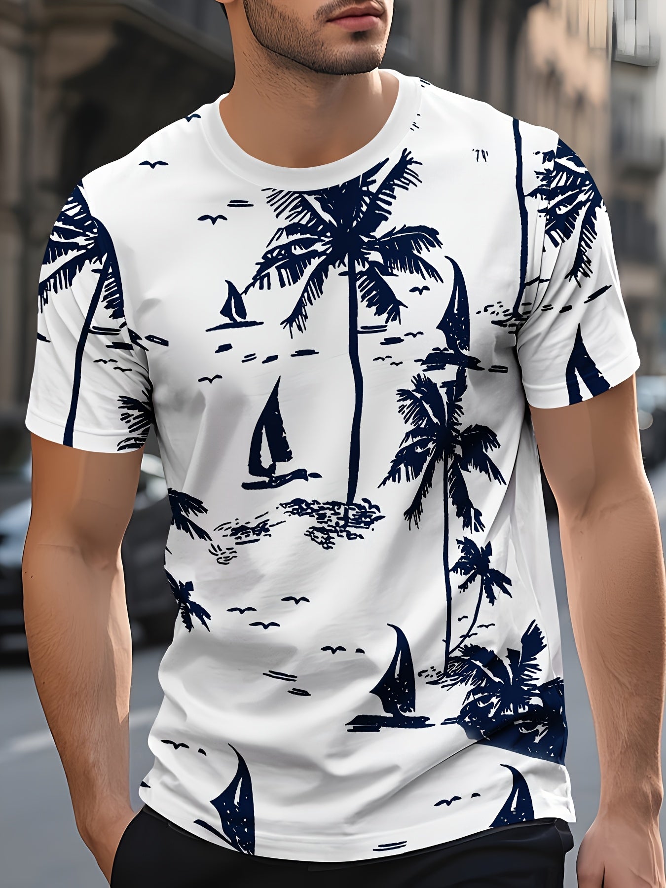 Men'S Quick-Dry Tropical Palm Tree Print T-Shirt - Breathable Round Neck Casual Tee for Summer, Outdoor Daily Wear, Lightweight Comfortable Fit, Outdoor Tshirt Tropical Print Shirt Comfortable Fit