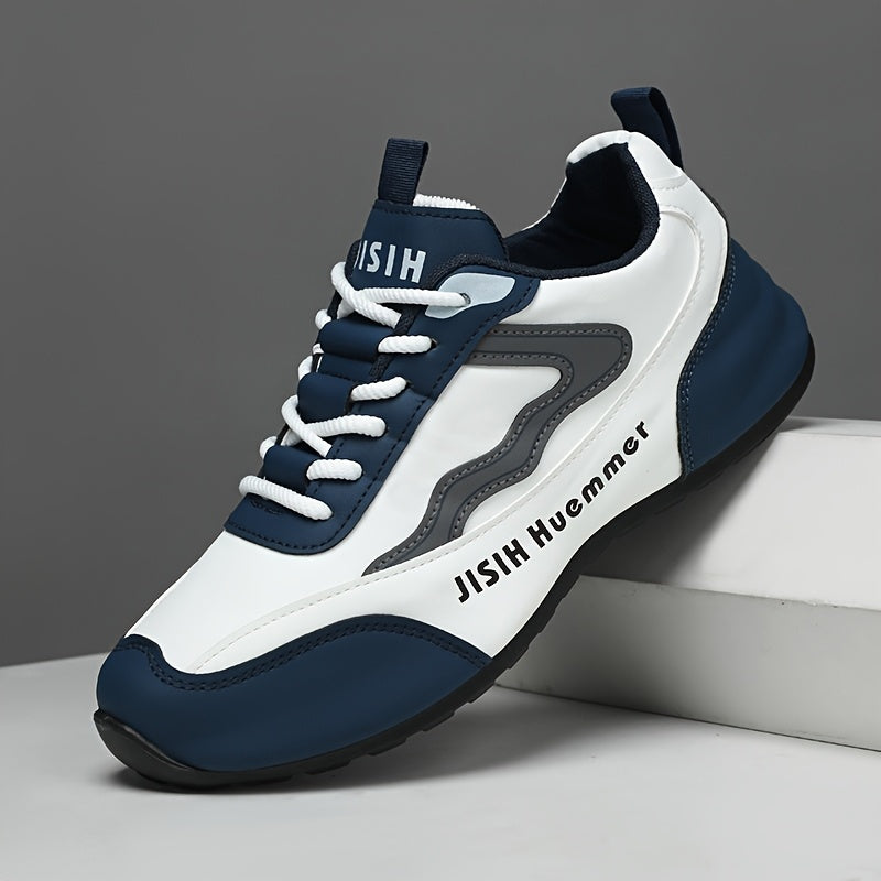 Men's Breathable Color-Block Low-Top Running Shoes - White Navy Blue Contrast Design, Durable PU Upper PVC Sole, All-Season Non-Slip Traction for Gym, Jogging, Casual Wear, Jogging Footwear Sporty Look Fabric Lined In