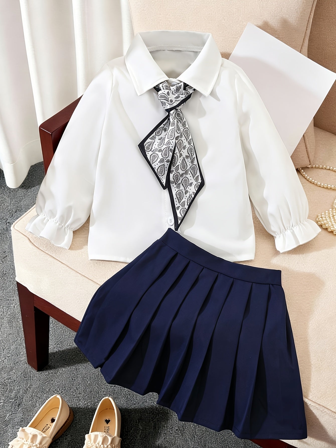 Girls' Preppy Long Sleeve Shirt & Pleated Skirt Set for Fall