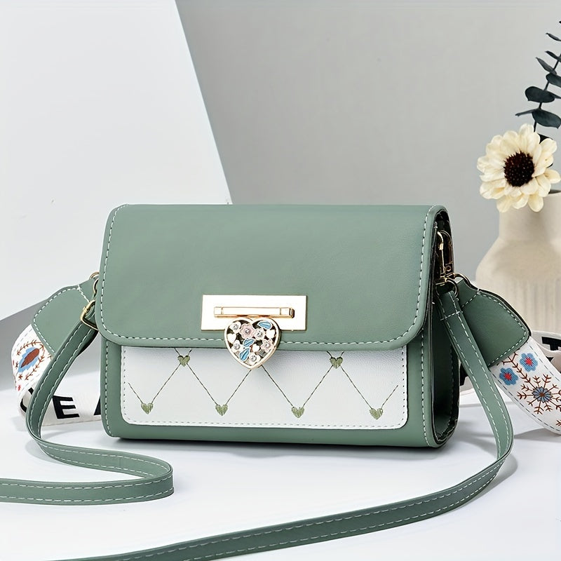 Chic Versatile Women’s Shoulder Bag with Cute Heart Pattern - Adjustable Strap, Magnetic Closure, in Pink, Green, Blue, Black, Casual Crossbody Bag | Playful Heart Design | Decorative Zipper Charm