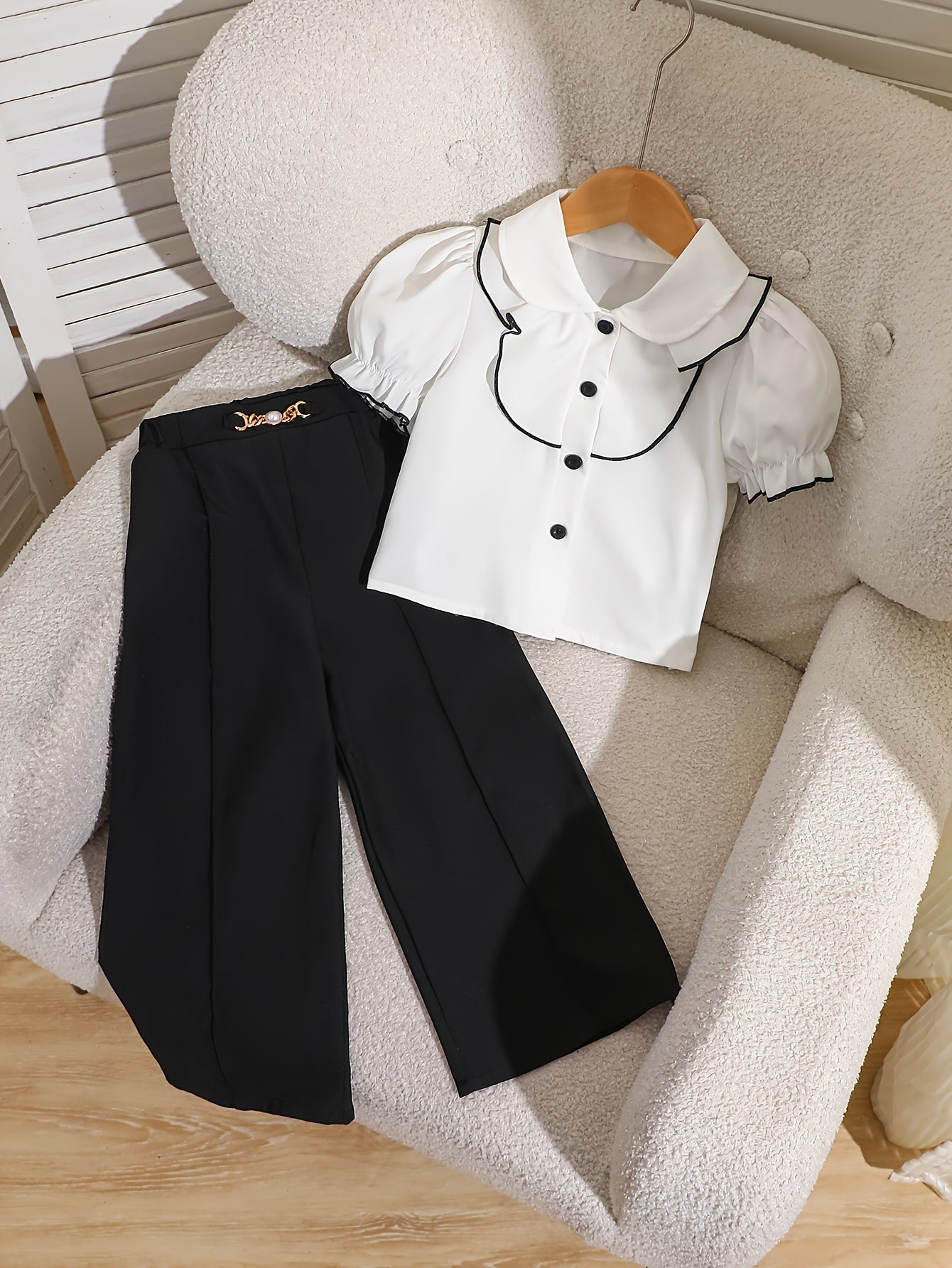 Girls' Preppy Spring/Summer Two-Piece Set with Doll Collar Top & Wide-