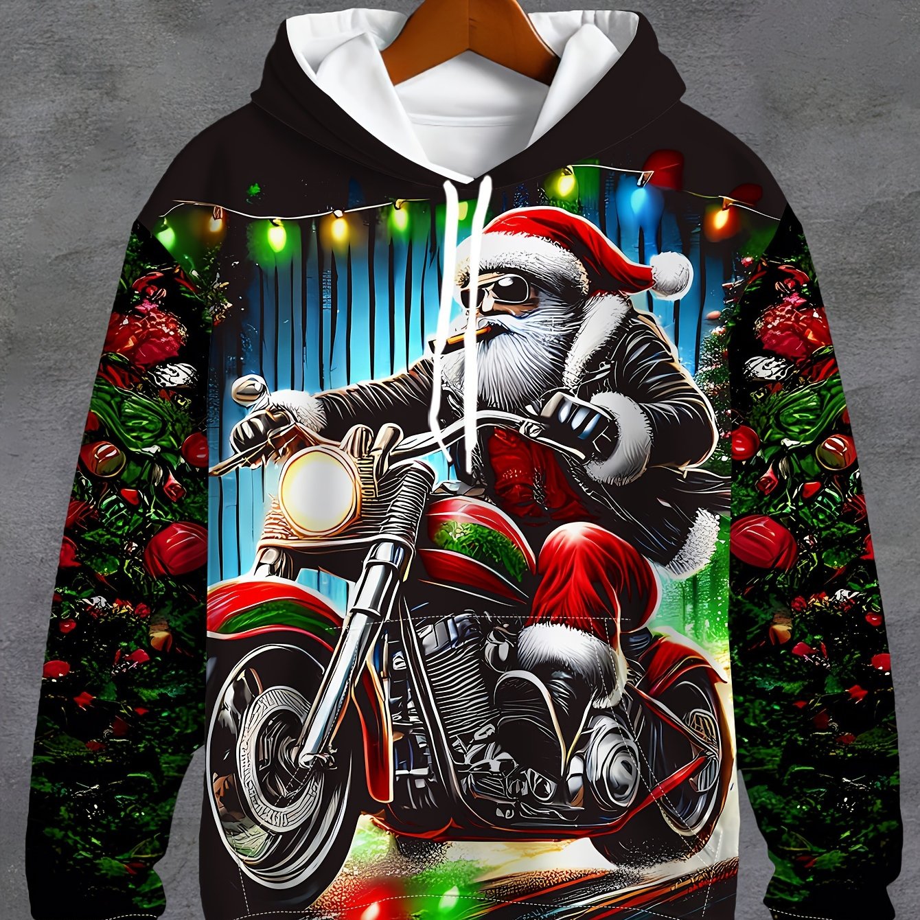 Plus Size Men'S Festive Santa Claus Motorcycle Hoodie - Long Sleeve, Casual Pullover with Drawstring and Kangaroo Pocket, Polyester, Machine Washable - Perfect for Autumn and Winter Street Style | Christmas Claus Motor Print