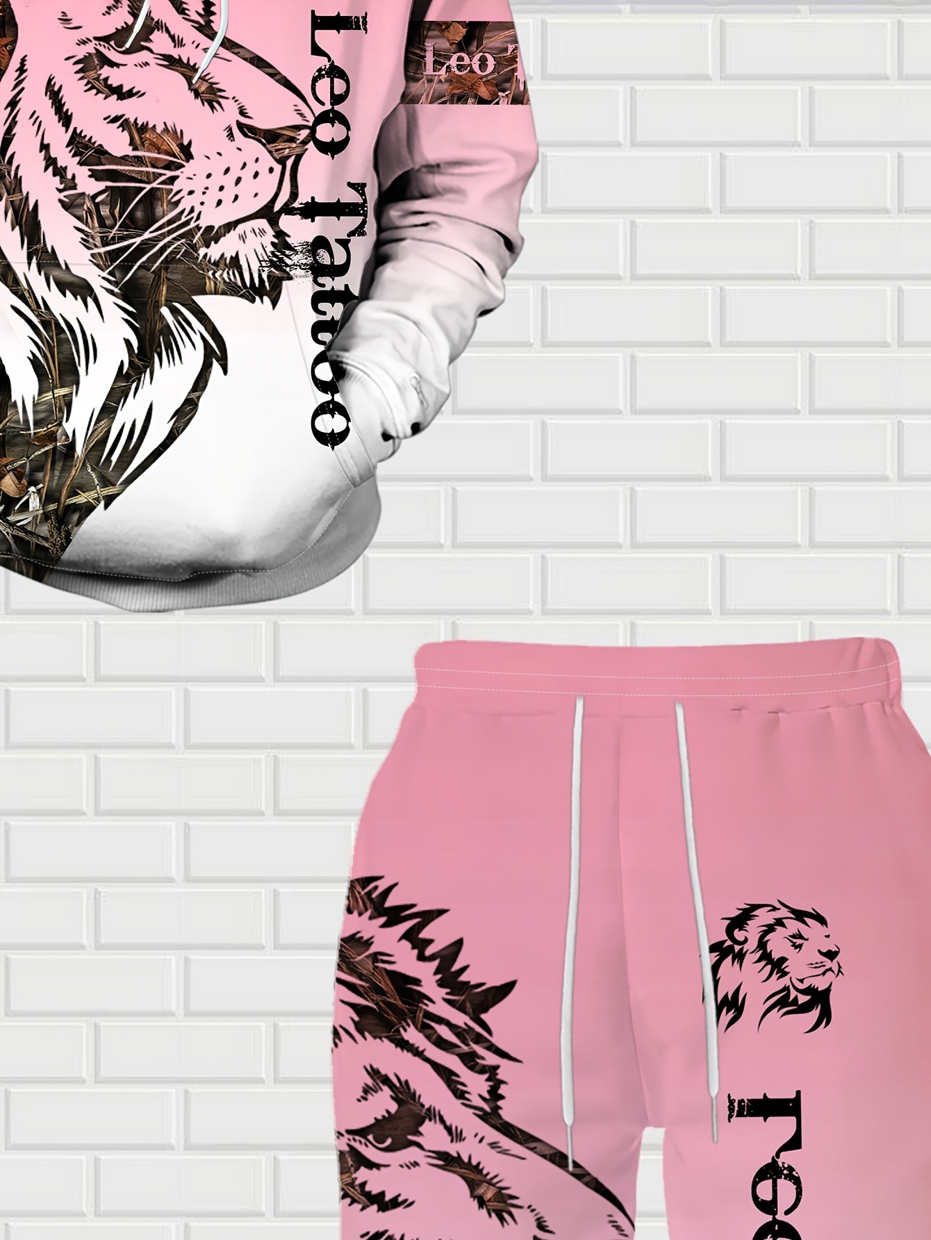 1set Fashion Street Style Men'S Lion Letter Print Hoodie and Sweatpants Set, Casual Weekend Wear, Polyester Knit Fabric with Slight Stretch, Animal Pattern, Regular Fit, for Spring/Fall