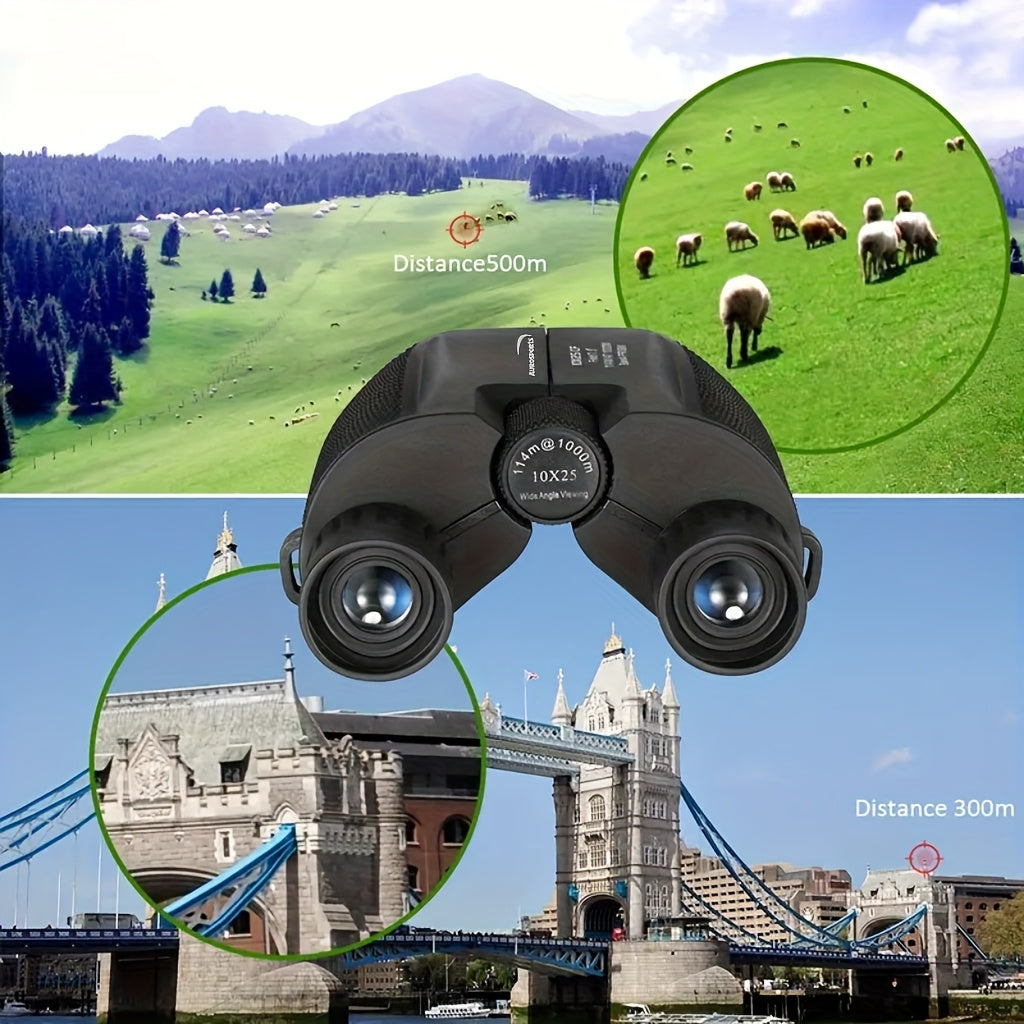 TD1025 Compact High-Quality Binoculars with 10x Magnification, 25mm Objective Lenses & Interchangeable Eyecups - Black Rubber Coated Optics for Bird Watching, Travel, Sports, Outdoor Observation, Binoculars for Bird Watching,