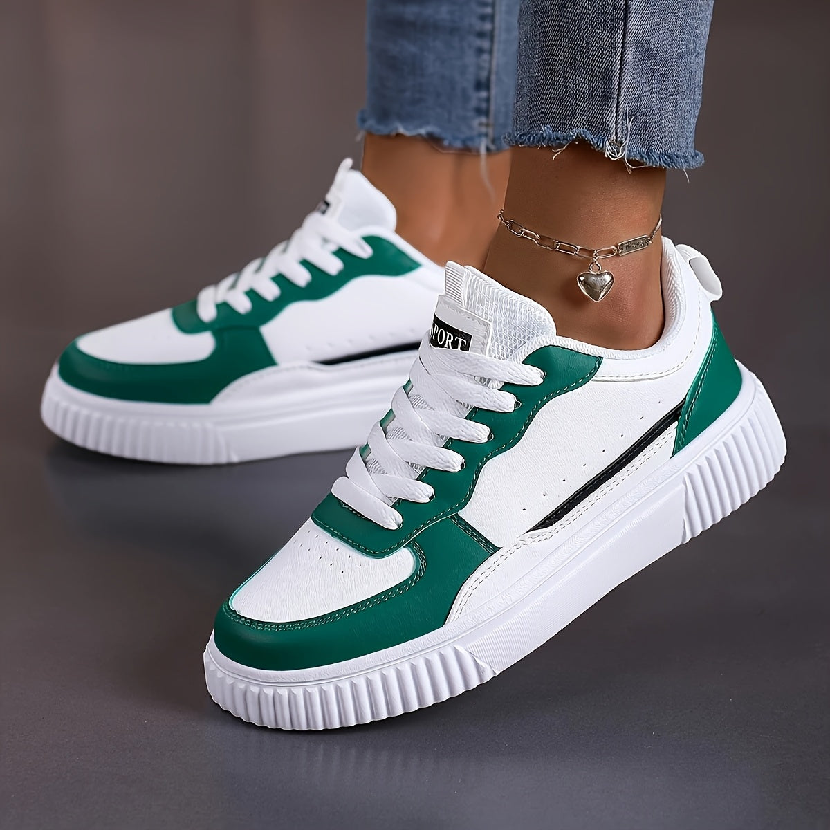 Unisex Low-Top Sneakers - White Green colorblock design, Lace-Up Closure, Cushioned EVA Sole - All-Season Casual Shoes for Men Women - Skateboarding, Everyday, Formal Events - Easy-Clean Synthetic Cover Upper, Everyday Fo