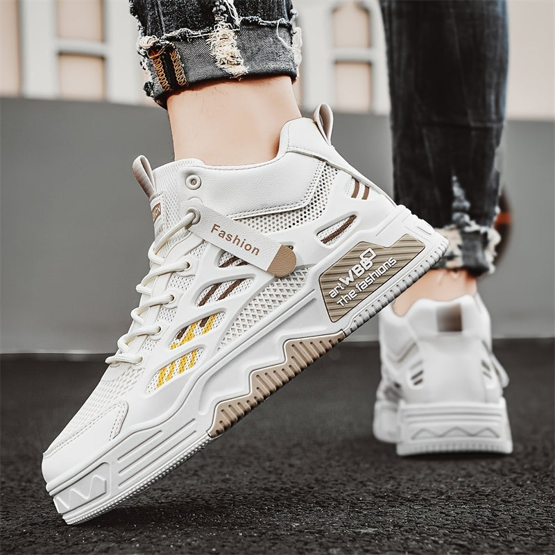Men's High Top Fashion Sneakers Graphic Print Lace-Up Casual Skateboard Shoes with Round Toe, PU Mesh Upper, Fabric Lining, and Rubber Sole
