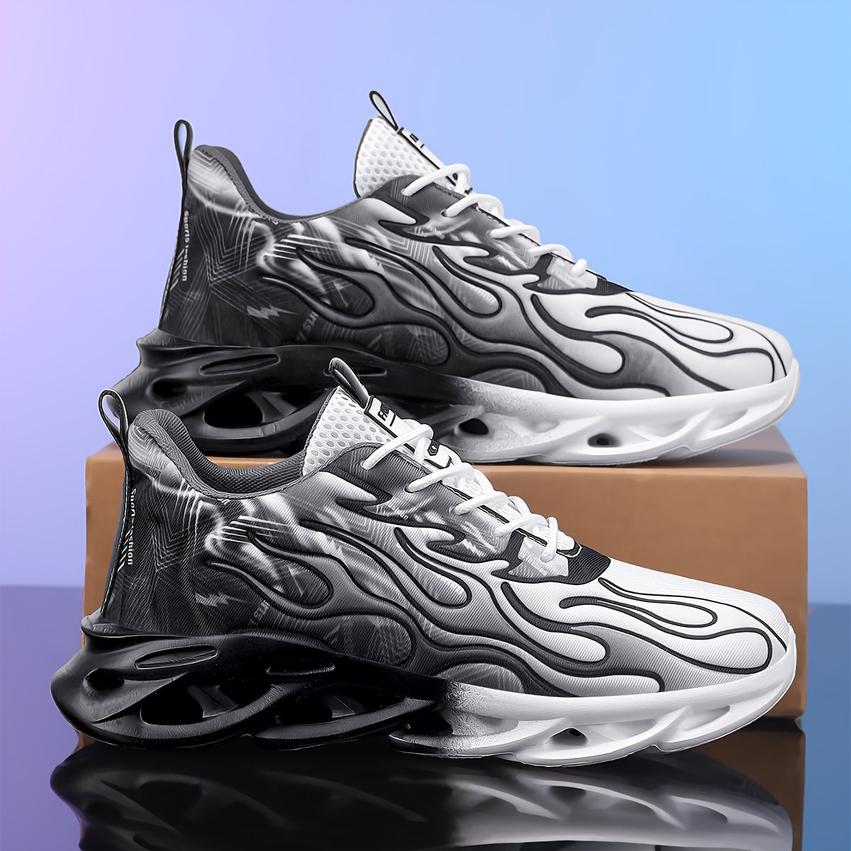 Trendy Black White Gradient Sneakers - Breathable Mesh, Thick Sole for Height Boost, Fashion Athletic Casual Running Shoes with Flame Design, Perfect for Students Casual Attire, High Top Sneakers