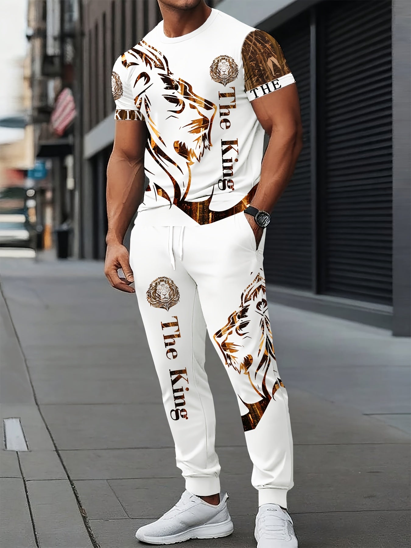 Stylish Lion 3D Print Short Sleeve Crew Neck Men'S Street Casual Suit, Casual Choice, Breathable Outdoor Leisure T-Shirt and Five-Pocket Pants Set Summer 3D Print Adult Suit
