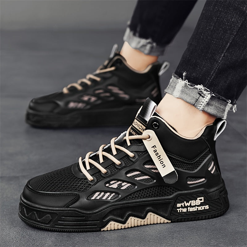 Men's High Top Fashion Sneakers Graphic Print Lace-Up Casual Skateboard Shoes with Round Toe, PU Mesh Upper, Fabric Lining, and Rubber Sole