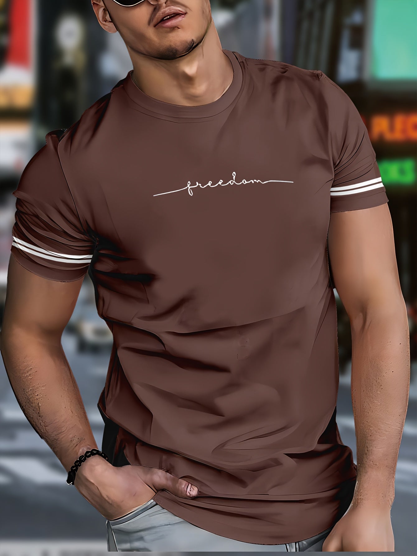 Men'S "Freedom" Graphic T-Shirt - Black Casual Crew Neck Tee with White Stripes, Breathable Polyester Blend, Regular Fit for Casual Attire, Everyday Tshirt Bold Print Tee Comfortable Fit, Knit
