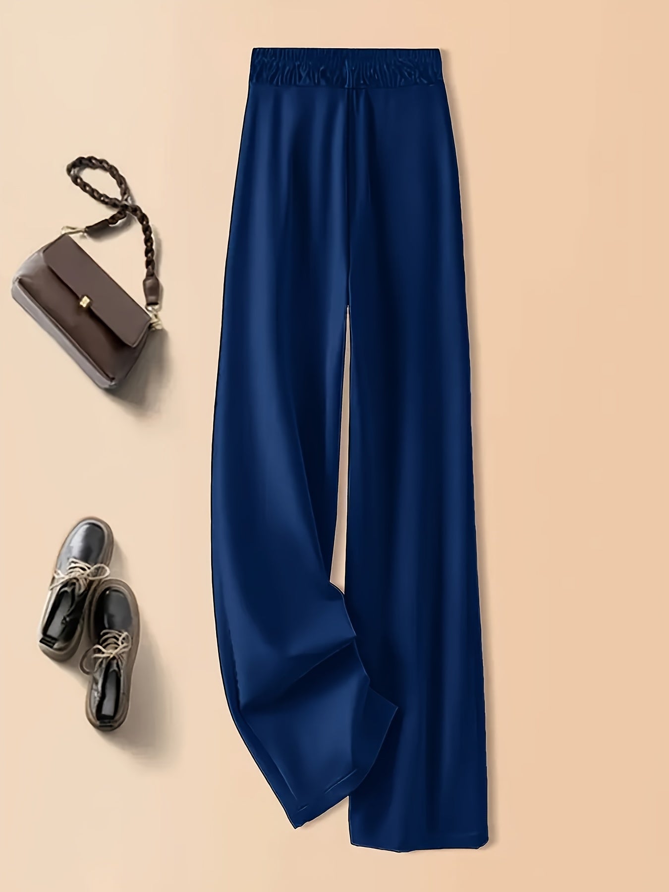 Elegant Navy Blue Satin Sleeveless Blouse & Wide-Leg Pants Set - Chic Belted Waist, High-Waisted Design, Smooth Texture, Perfect for Casual or Formal Occasions, Formal Attire | Belted Waist Blouse | Glossy Finish