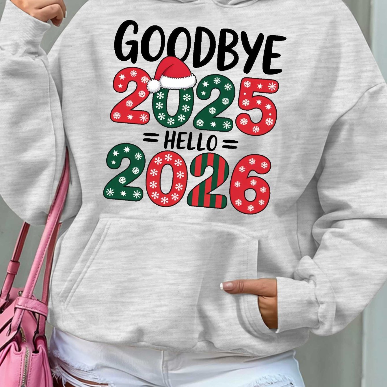 Women'S Hoodie - Goodbye 2025 Hello 2026 Sweatshirt with Christmas Countdown Design, Beige Pullover Hoodie, Front Pocket for Fall/Winter, Cozy Long Sleeve Sweater for New Year'S Eve & Everyday Winter Outfits - Perfect Gift fo