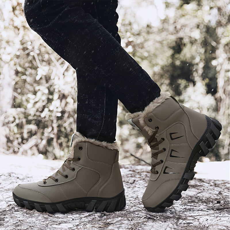Men's Thermal Insulated Winter Boots - Heavy-Duty Mid-Calf PU & TPR Sole, Warm Lining & Arch Support, Beige/Tan/Black/Gray/White - Ideal for Hiking, Snow, Ice, and Everyday Winter Wear - Durable Cold-Weather Shoes with Lace-U