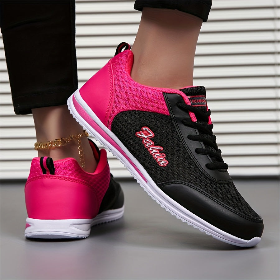 Women'S Breathable Lightweight Running Shoes - Black Pink Checkered Design, Low-Top Lace-Up Sneakers with EVA Sole for Casual, Travel Light Jogging, All-Season Comfort, Ladies Sneakers, Stylish Sportswear, Cushioned Suppo