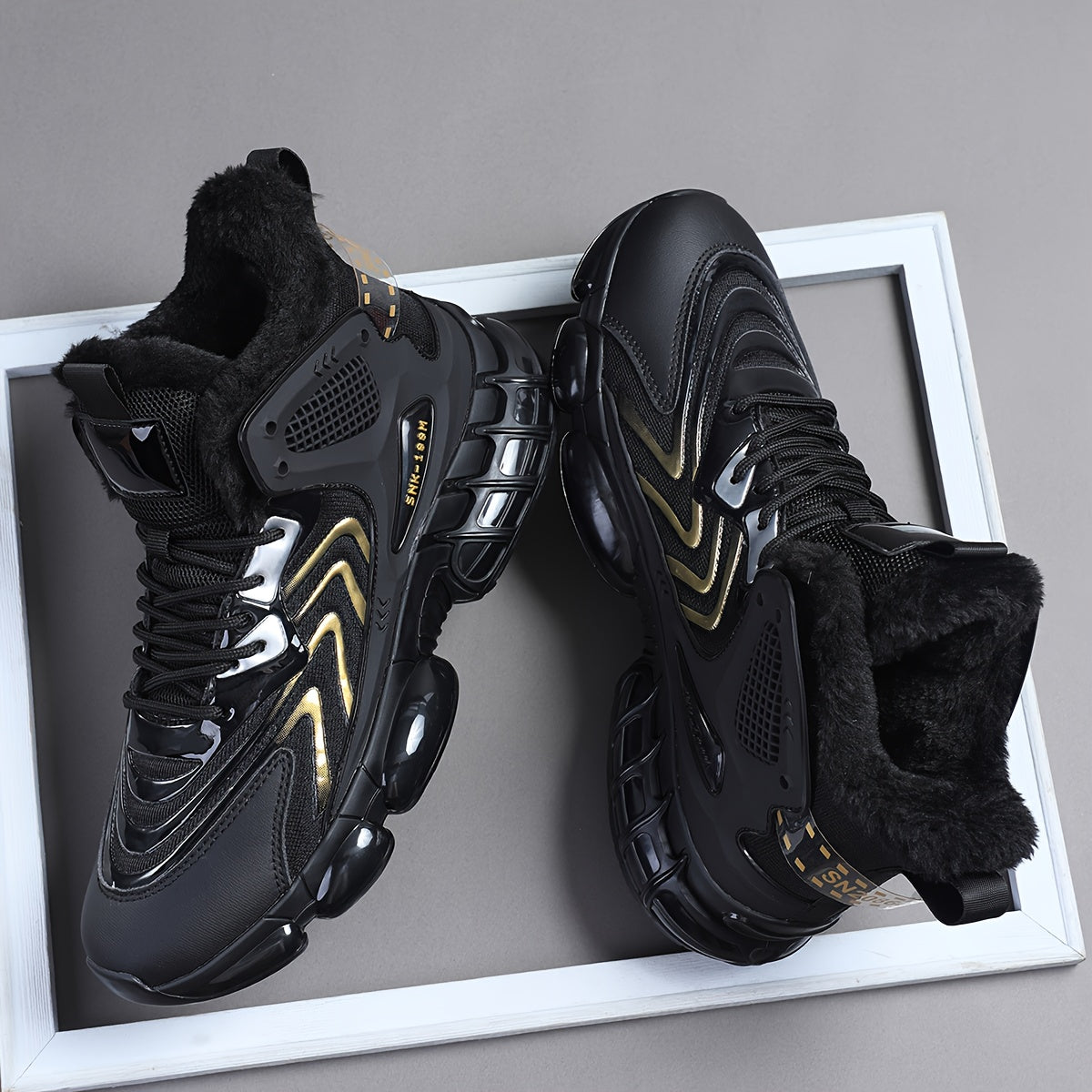 Men's Winter Warm High-Top Sneakers - Thermal Insulated PU/Fabric Upper, Golden-Tone Buckle & Strap Closure, Cushioned TPU Sole, Black/White/Golden Sneakers for Casual, Running, Everyday Winter Wear - All-Terrain Traction, Du