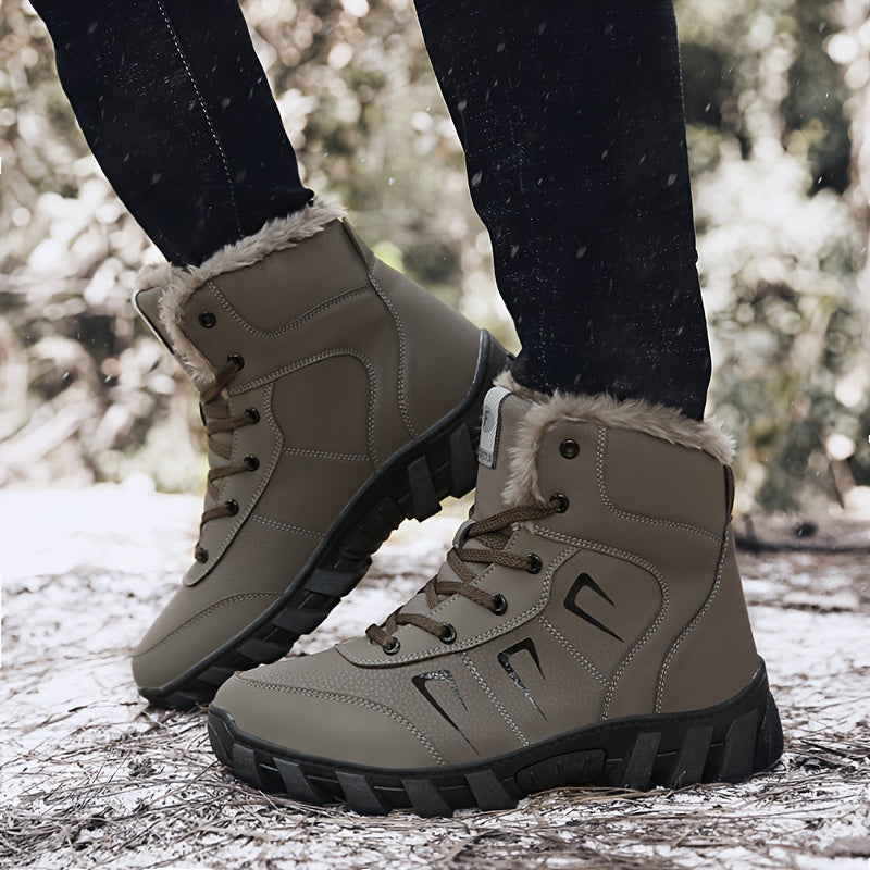 Men's Thermal Insulated Winter Boots - Heavy-Duty Mid-Calf PU & TPR Sole, Warm Lining & Arch Support, Beige/Tan/Black/Gray/White - Ideal for Hiking, Snow, Ice, and Everyday Winter Wear - Durable Cold-Weather Shoes with Lace-U