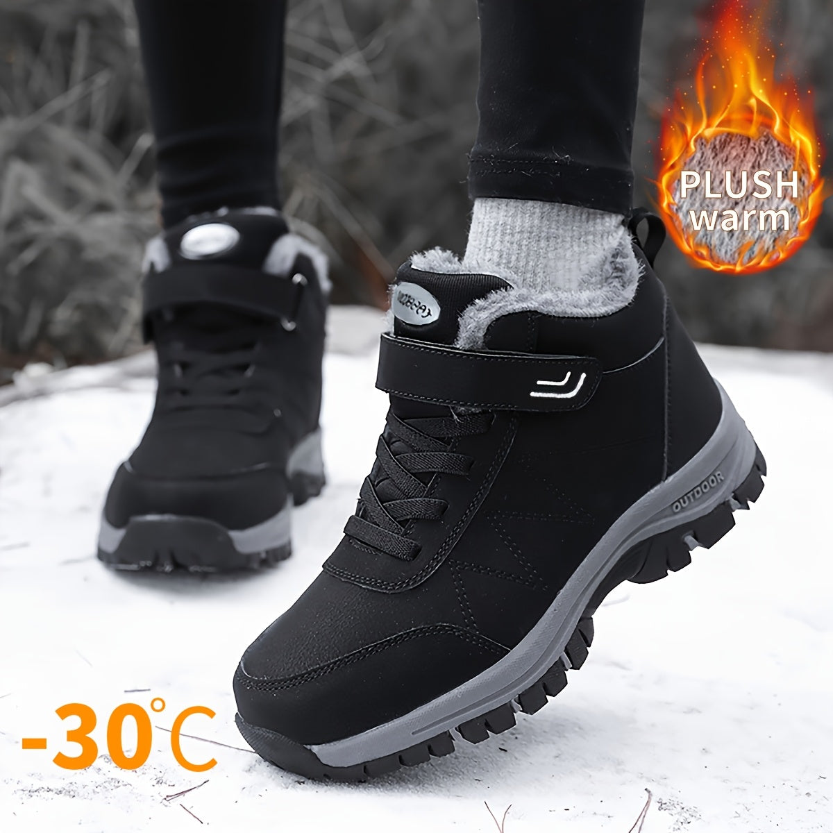 Men's Plush-Lined Winter Snow Boots - Durable, Non-Slip Traction Sole with Hook & Loop Fastener, Comfortable Fabric Lining for Outdoor Hiking and Casual Wear, Winter Boots