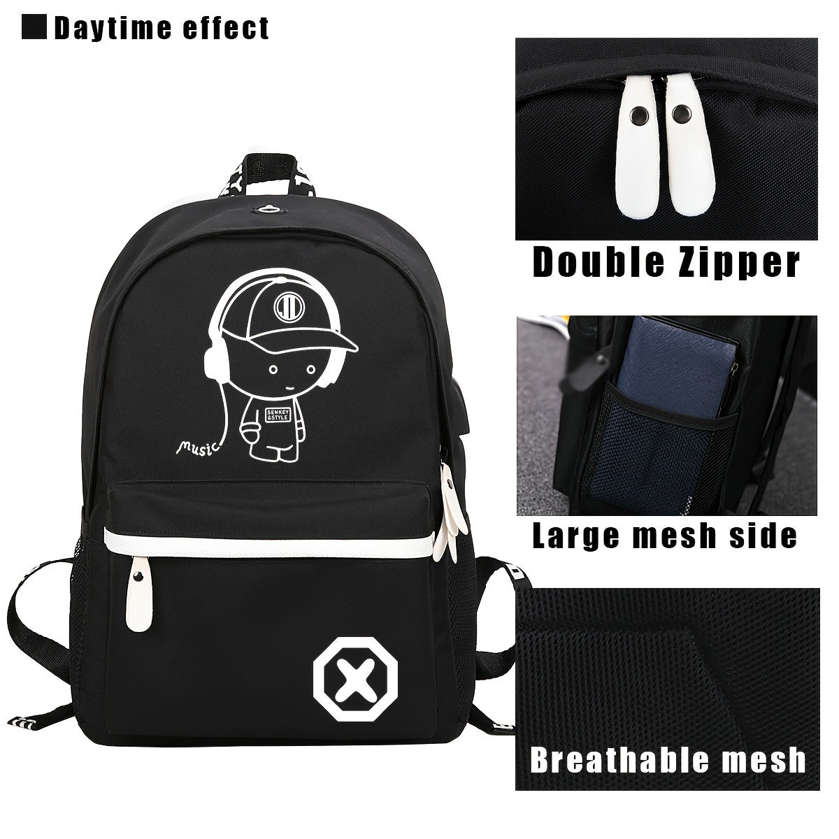 New casual Men's backpack set, large capacity to store 15.6-inch laptops, night fluorescent backpack, three piece travel dual-use backpack