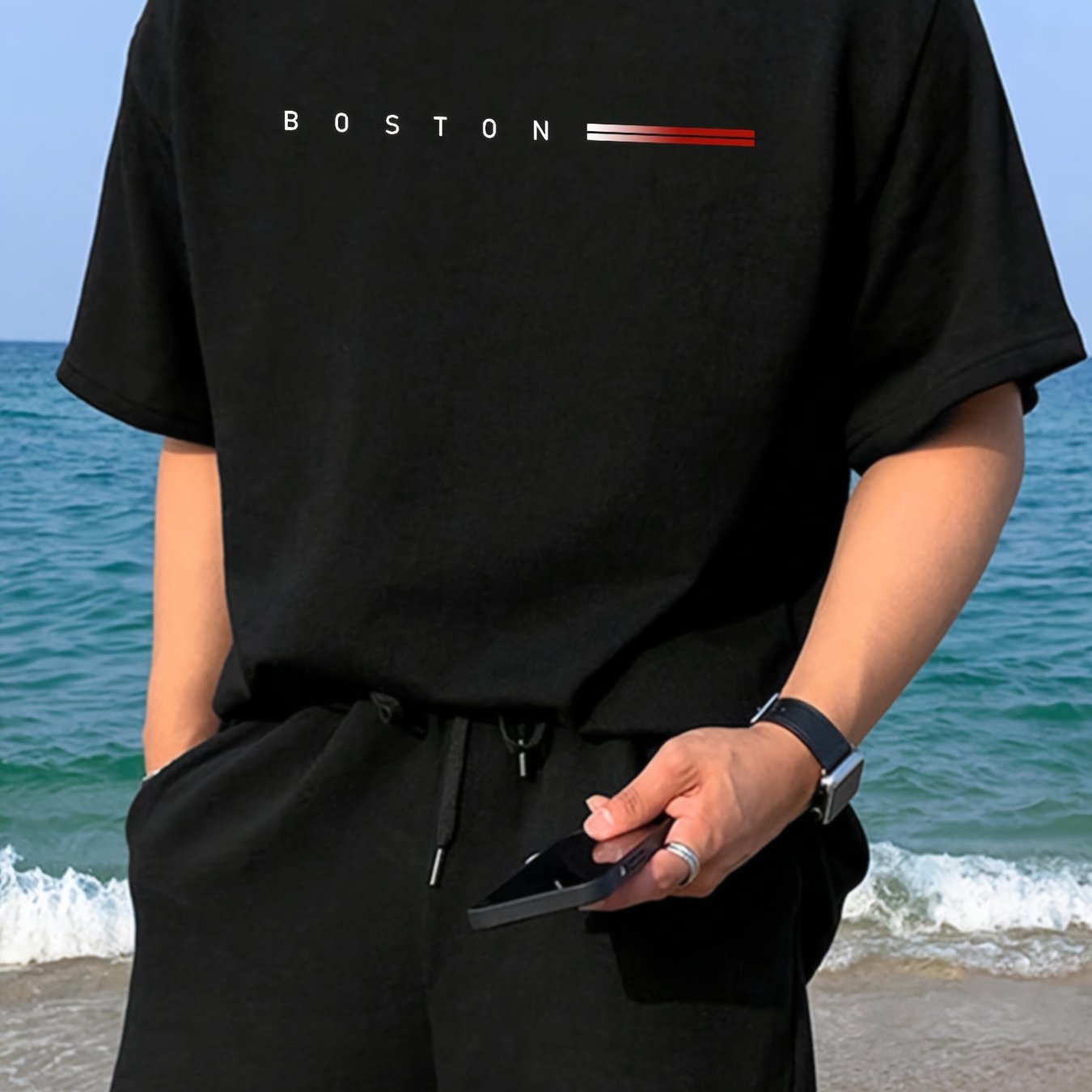 Men's Heavyweight 180gsm Cotton T-Shirt - Dark Gray Crew Neck Tee with Bold "Boston" Print, All-Season Everyday Formal Shirt for Men - Machine Washable Luxury Casual Top, Versatile Clothing, Modern Design, Premium Fabric, S