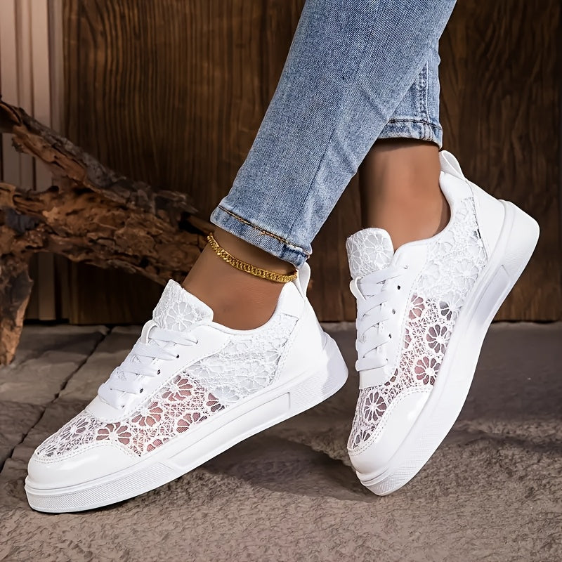 Women'S Elegant Lace Sneakers - Breathable Fabric Upper, White with Floral Pattern, Lightweight Soft Sole, Durable EVA, Perfect for Daily Work, Sports, Summer Outings Vacations, Casual Footwear Elegant Sneaker Comfort