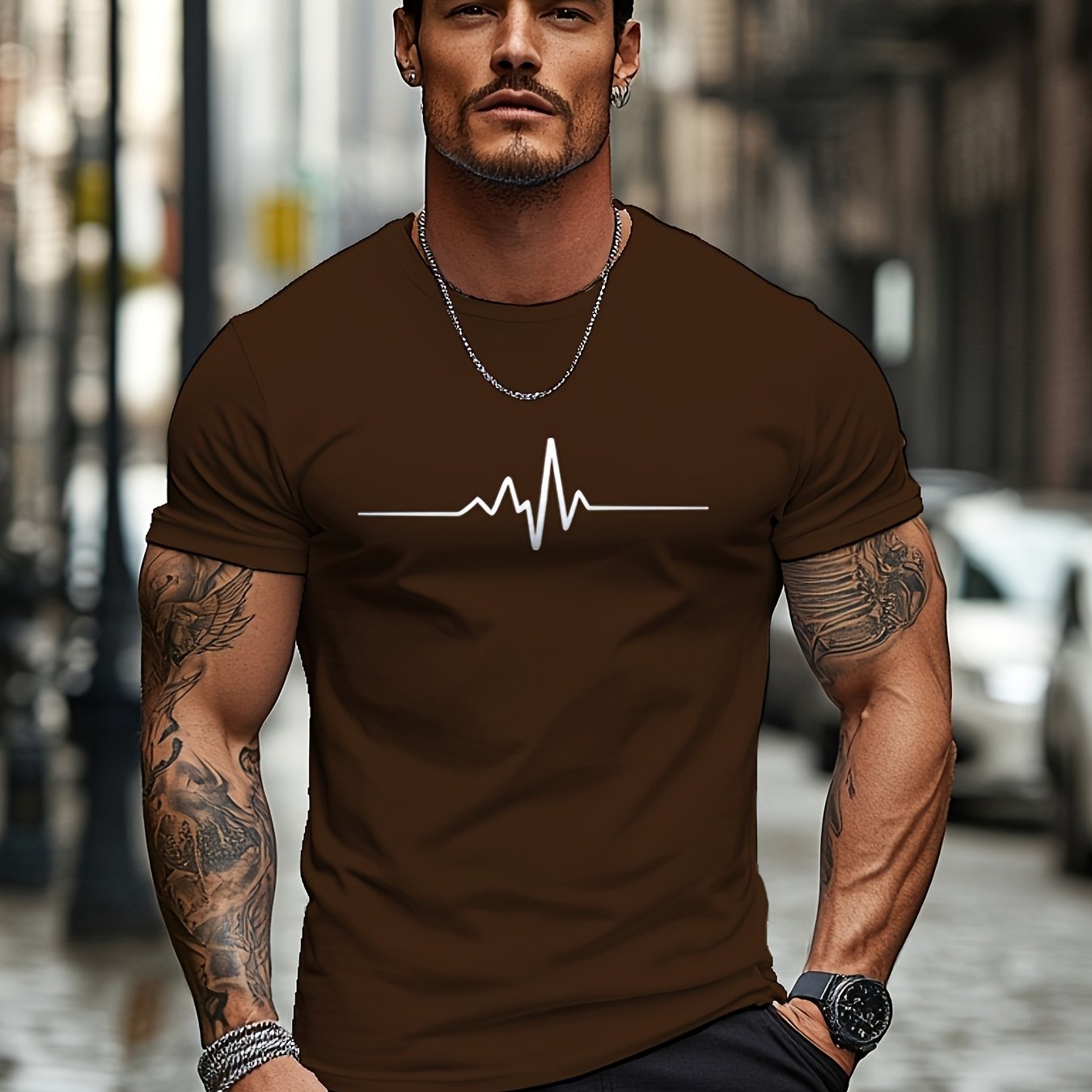 Men'S Brown T-Shirt with ECG Heartbeat Graphic - Casual Streetwear, Short Sleeve, Round Neck, Stretch Fabric, All-Season Comfort, Casual Streetwear Tee Round Neck Tshirt Comfortable Fit