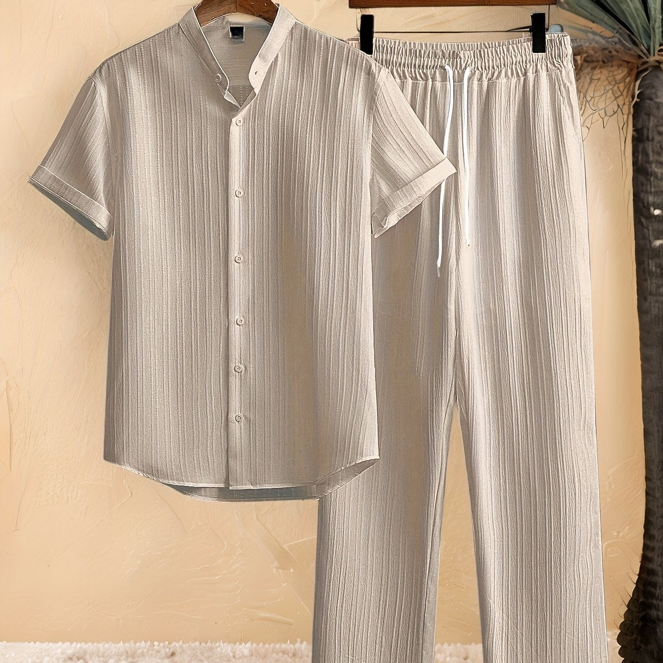 Casual 2pcs Set: Short Sleeve Stand Collar Shirt + Tie Straight Leg Pants, Suitable for Vacation Beach Outdoor Leisure Party