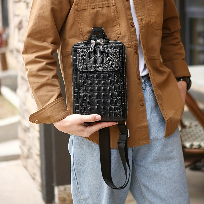 Men'S Stylish Black Crocodile Pattern Crossbody Bag - Durable, Large Capacity, Adjustable Strap, Perfect for Travel Daily Commute, Commuter Shoulder Bag Stylish Crossbody Durable Fabri