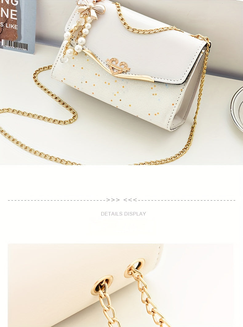 A Festive Mini Shoulder Bag with Shiny Details - Made of PU Material, Lightweight, Featuring an Adjustable Strap And Magnetic Closure, Perfect for Gifting to Family And Friends During The Holidays.